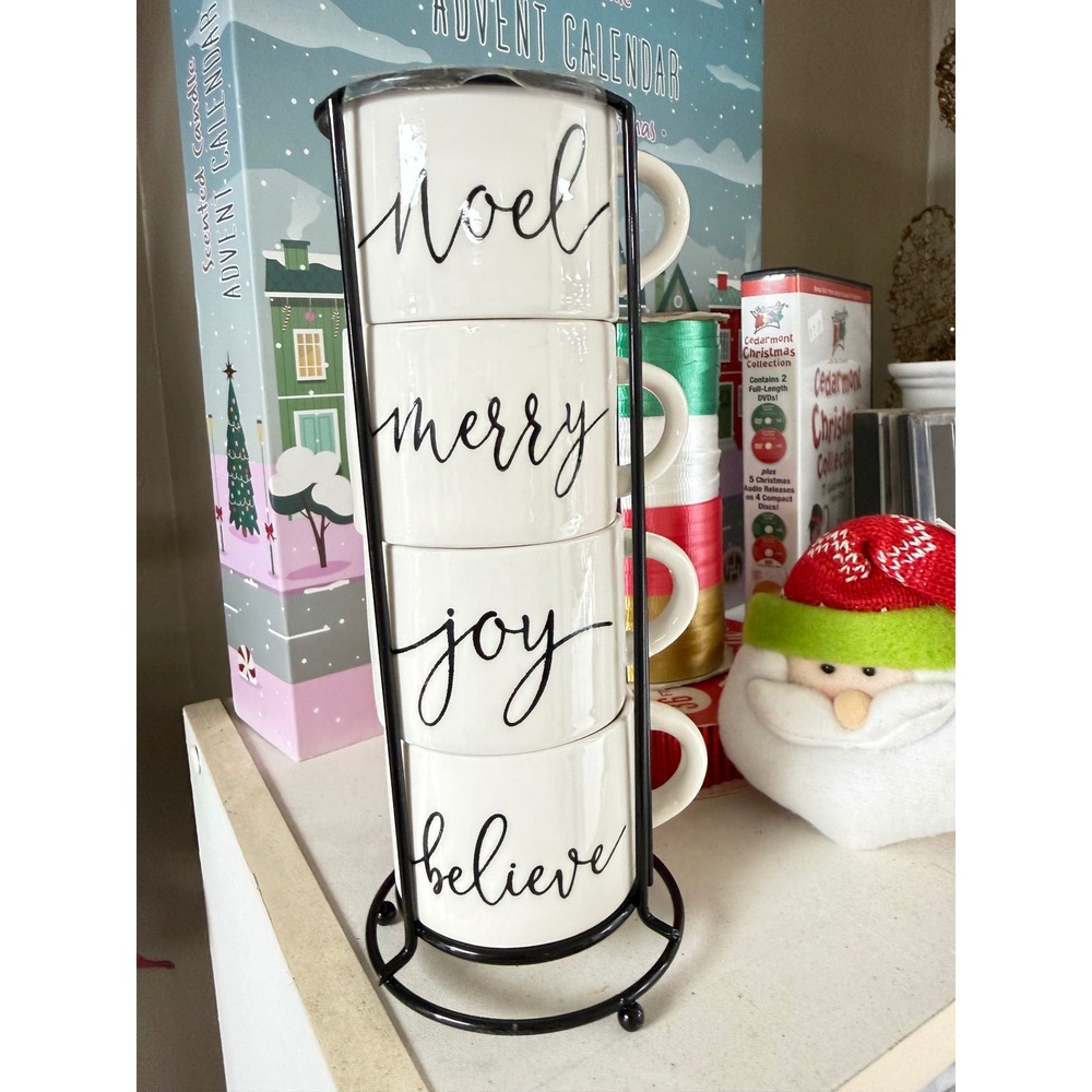 Christmas Stacking Espresso Mugs Set of 4 with Metal Rack Noel Merry Joy Believe